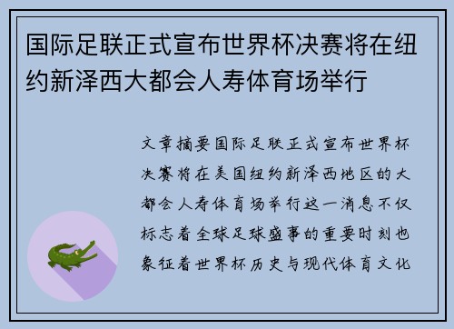国际足联正式宣布世界杯决赛将在纽约新泽西大都会人寿体育场举行 国际足联正式宣布世界杯决赛将在纽约新泽西大都会人寿体育场举行